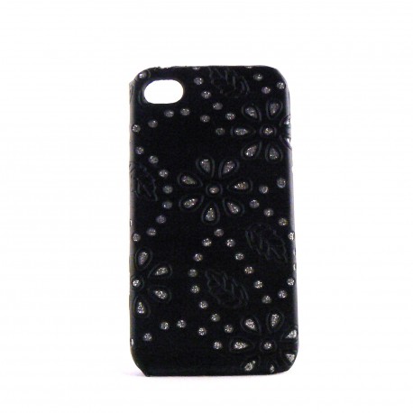 Coque simili cuir pour Iphone 4 fleurs et feuilles strass + film protection ecran