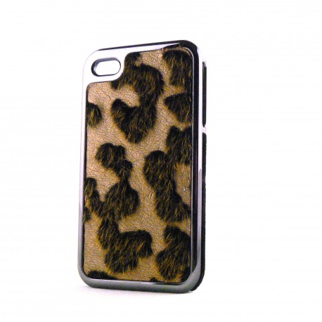 Coque simili cuir or et poils noirs et or effet peau de vache pour Iphone 4 + film protection ecran