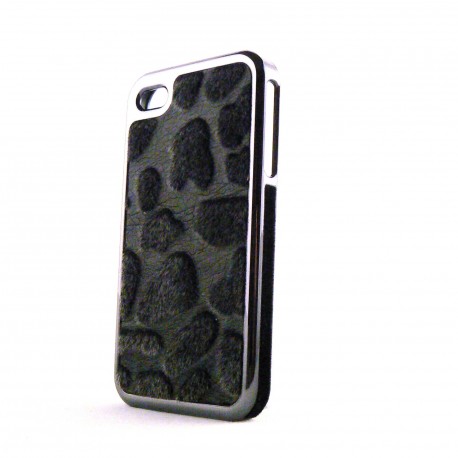 Coque simili cuir noir et poils noirs  effet peau de vache pour Iphone 4 + film protection ecran