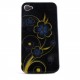 Coque integrale noire avec des fleurs bleues pour Iphone 4 + film protection ecran