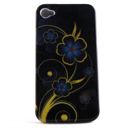 Coque integrale noire avec des fleurs bleues pour Iphone 4 + film protection ecran