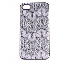 Coque paillettes diamants et motif fils blanc au crochet pour Iphone 4 + film protection ecran