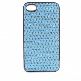 Coque simili-cuir bleu incruste de strass diamants pour Iphone 4 + film protection ecran