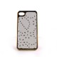 Coque simili-cuir blanc avec fleurs incrustees de diamants et pourtour metal or pour Iphone 4 + film protection ecran