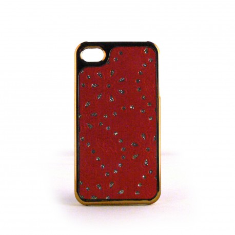 Coque simili-cuir blanc avec fleurs incrustees de diamants et pourtour metal or pour Iphone 4 + film protection ecran