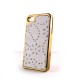 Coque simili-cuir blanc avec fleurs incrustees de diamants et pourtour metal or pour Iphone 4 + film protection ecran