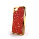 Coque simili-cuir blanc avec fleurs incrustees de diamants et pourtour metal or pour Iphone 4 + film protection ecran