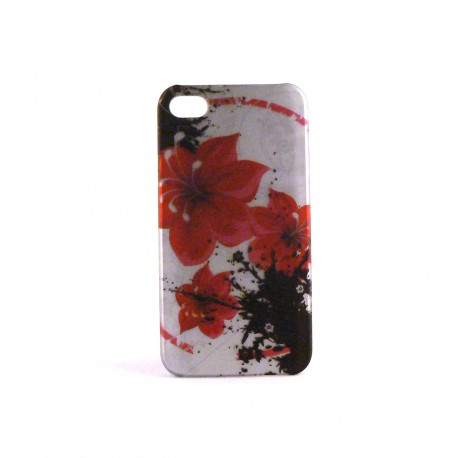 Coque mate rigide avec des fleurs rouges sur fond gris pour Iphone 4 + film protection ecran