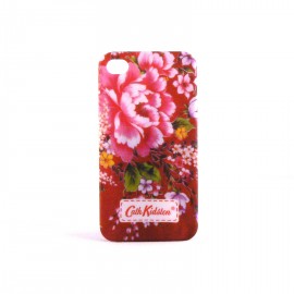 Coque mate rigide avec des fleurs roses sur fond rouge pour Iphone 4 + film protection ecran