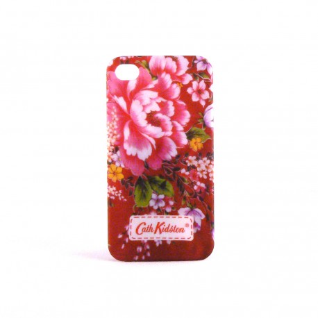 Coque mate rigide avec des fleurs roses sur fond rouge pour Iphone 4 + film protection ecran