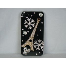 Coque rigide et brillante tour Eiffel flocon neige en strass diamants pour Iphone 4 + film protection ecran