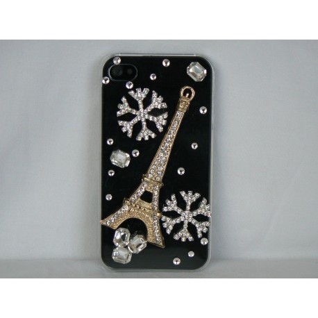 Coque rigide et brillante tour Eiffel flocon neige en strass diamants pour Iphone 4 + film protection ecran