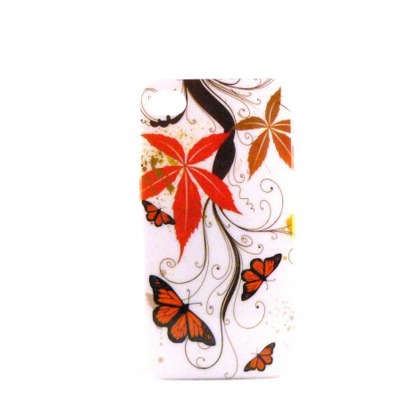 Coque rigide et brillante papillons marrons et fleurs rouges pour Iphone 4 + film protection ecran