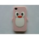 Coque Iphone 4 en silicone rose clair motif pingouin + film protection écran offert