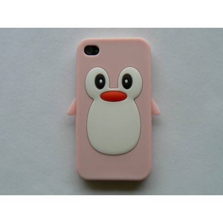 Coque Iphone 4 en silicone rose clair motif pingouin + film protection écran offert