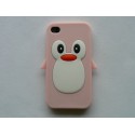 Coque Iphone 4 en silicone rose clair motif pingouin + film protection écran offert