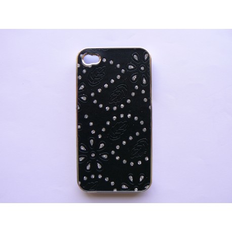 Coque Iphone 4 simili-cuir noir fleurs incrustées diamants + film protection écran