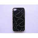 Coque Iphone 4 simili-cuir noir fleurs incrustées diamants + film protection écran