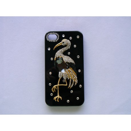 Coque Iphone 4 brillante noire et cigogne strass diamants + film protection écran