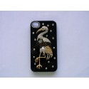 Coque Iphone 4 brillante noire et cigogne strass diamants + film protection écran