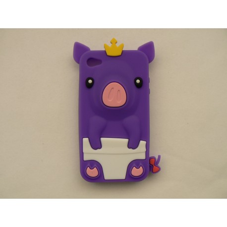 Coque Iphone 4 silicone cochon violet + film protection écran offert