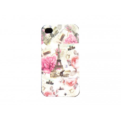 Coque pour Iphone 4 blanche fleurs roses et Tour eiffel + film protection écran