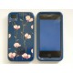 Coque pour Iphone 4 brillante bleue fleurs roses en 2 parties + film protection écran