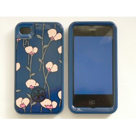 Coque pour Iphone 4 brillante bleue fleurs roses en 2 parties + film protection écran