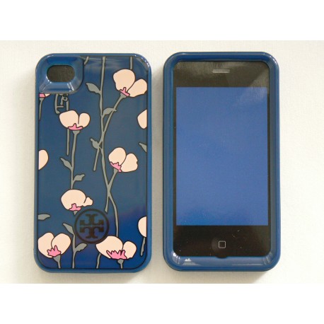 Coque pour Iphone 4 brillante bleue fleurs roses en 2 parties + film protection écran