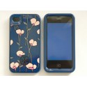 Coque pour Iphone 4 brillante bleue fleurs roses en 2 parties + film protection écran