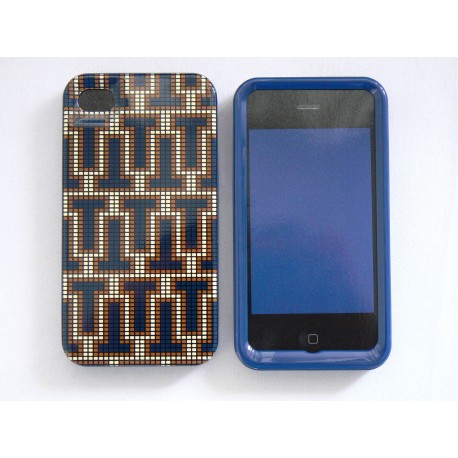 Coque pour Iphone 4 brillante en 2 parties labyrinthe bleu marron + film protection écran