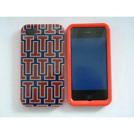 Coque pour Iphone 4 brillante en 2 parties labyrinthe bleu rouge + film protection écran