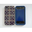 Coque pour Iphone 4 brillante en 2 parties carreaux bleus et beiges + film protection écran