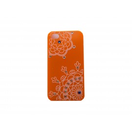 Coque pour Iphone 4 orange fleurs blanches avec strass diamants et bleus + film protection écran