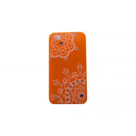 Coque pour Iphone 4 orange fleurs blanches avec strass diamants et bleus + film protection écran