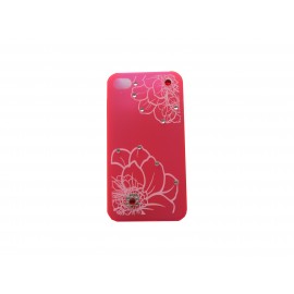 Coque pour Iphone 4 rouge fleurs blanches avec strass diamants et rouges + film protection écran