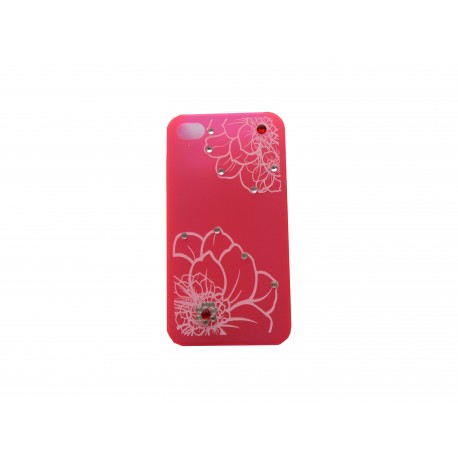 Coque pour Iphone 4 rouge fleurs blanches avec strass diamants et rouges + film protection écran