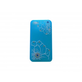 Coque pour Iphone 4 bleue fleurs blanches avec strass diamants et bleus + film protection écran