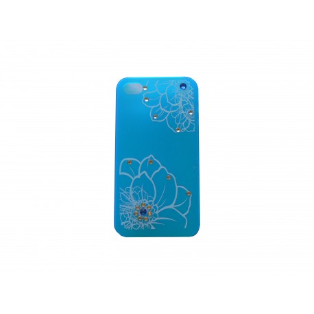 Coque pour Iphone 4 bleue fleurs blanches avec strass diamants et bleus + film protection écran