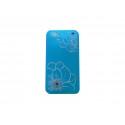 Coque pour Iphone 4 bleue fleurs blanches avec strass diamants et bleus + film protection écran