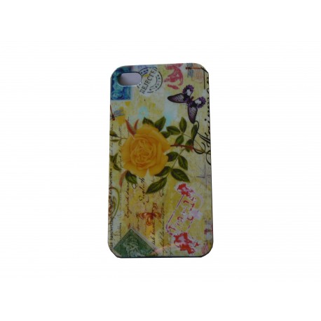 Coque pour Iphone 4 carte postale rose jaune+ film protection écran