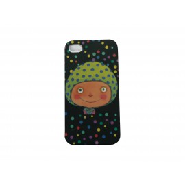 Coque pour Iphone 4 noire petite fille et pois multicolores + film protection écran