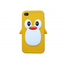 Coque pour Iphone 4 en silicone jaune motif pingouin + film protection écran offert