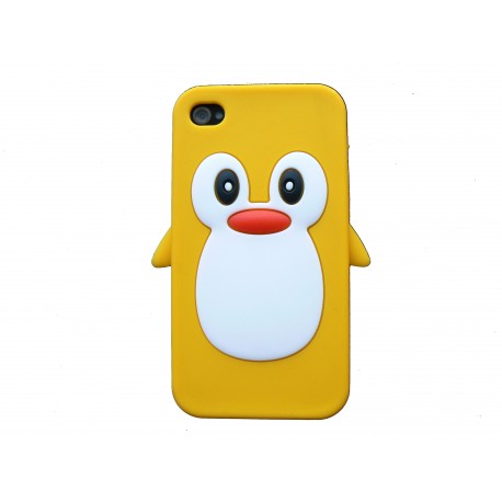 Coque pour Iphone 4 en silicone jaune motif pingouin + film protection écran offert