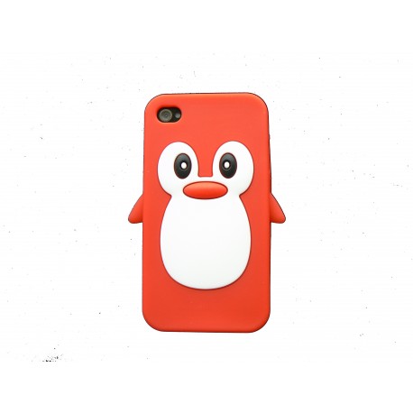 Coque pour Iphone 4 en silicone rouge motif pingouin + film protection écran offert