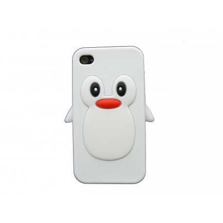 Coque pour Iphone 4 en silicone blanche motif pingouin + film protection écran offert