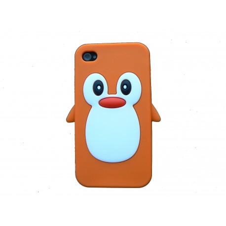 Coque pour Iphone 4 en silicone orange motif pingouin + film protection écran offert