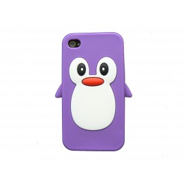 Coque pour Iphone 4 en silicone violette motif pingouin + film protection écran offert