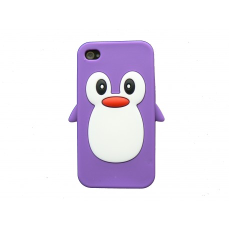 Coque pour Iphone 4 en silicone violette motif pingouin + film protection écran offert