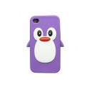 Coque pour Iphone 4 en silicone violette motif pingouin + film protection écran offert